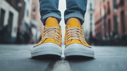A close-up view of yellow sneakers on a city street, showcasing urban fashion and lifestyle.