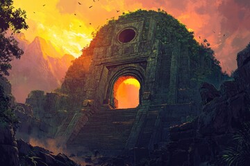 Ancient Stone Gateway in a Jungle Setting at Sunset