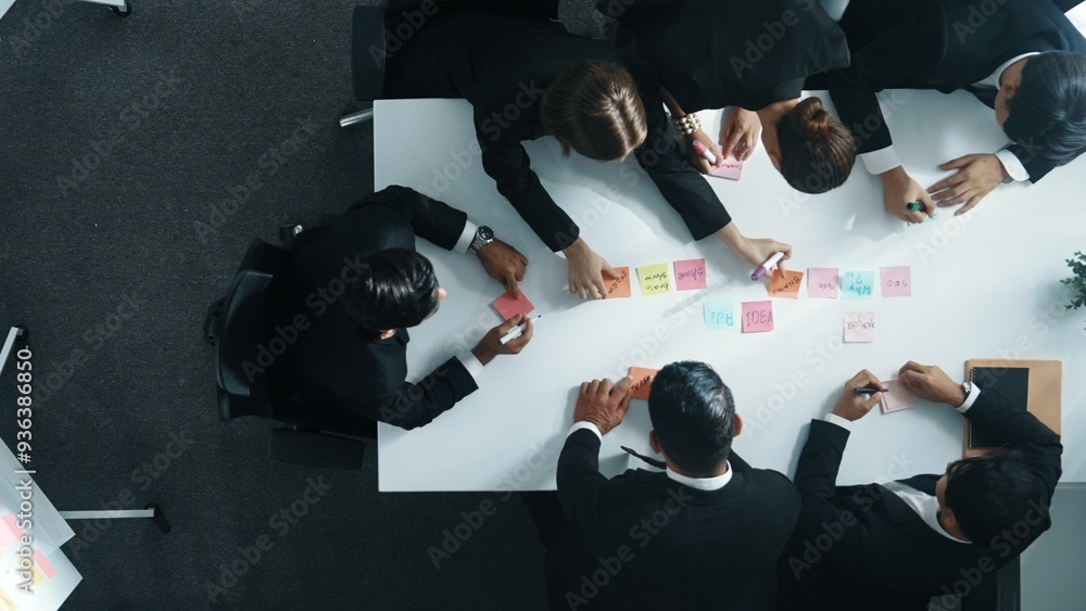 Aufkleber top down ariel view of professional business team use colorful sticky notes brainstorming idea at me