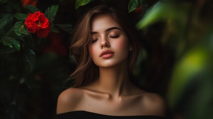Fototapeta premium A serene portrait of a woman surrounded by lush greenery and red flowers, evoking beauty and tranquility.