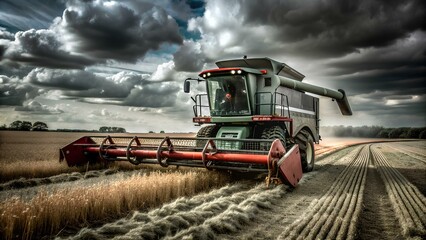  a large agricultural machine, specifically a combine harvester, working in a field. The harvester is moving through rows of crops, likely wheat or a similar grain, cutting and collecting them