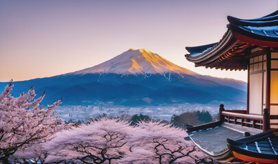 A view of Mount Fuji from a Japanese temple, with cherry blossoms in the foreground and a city in...