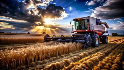 Fototapeta premium a large combine harvester working in a field of golden wheat. The machine is moving through the field, cutting and collecting the wheat as it goes. The sky above is dramatic