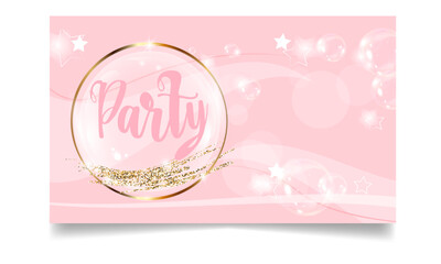 Glamorous party card on pink background. Premium vector illustration. EPS 10. Gold glitter, sequins. Party, holiday, bachelorette party