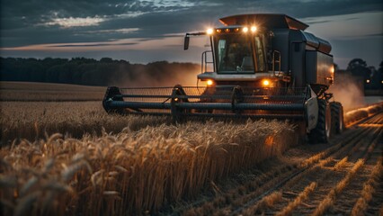 Obraz premium a large combine harvester working in a field of wheat during dusk or early evening. The machine is illuminated by its headlights, casting light on the golden wheat as it moves through the field