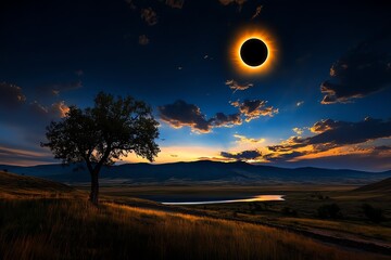 Obraz premium 209. A tranquil landscape with a solar eclipse occurring on the horizon, casting long shadows and bathing the scene in an eerie, twilight glow