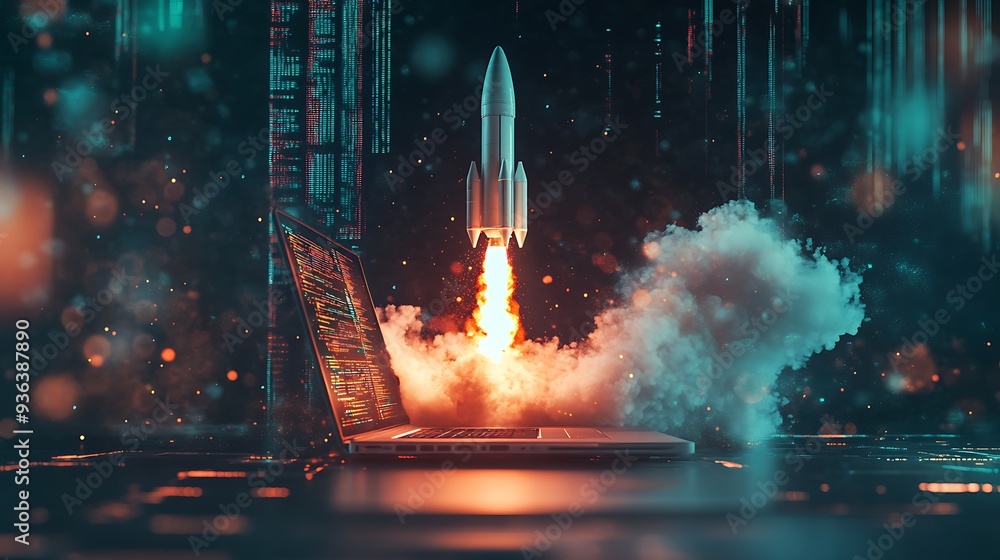 Aufkleber a rocket launching from a laptop computer with code on the screen