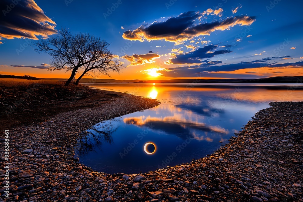 Poster 209. a tranquil landscape with a solar eclipse occurring on the horizon, casting long shadows and ba