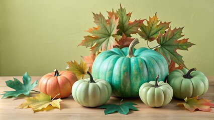  a decorative arrangement of pumpkins and autumn leaves. There are several pumpkins in the scene, with the largest one in the center being a teal color