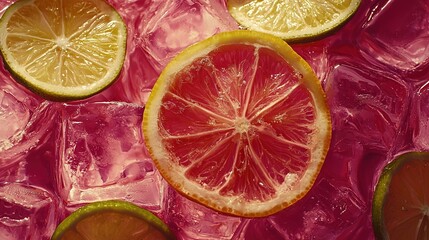  A grapefruit halved and close-up with limes in the backdrop