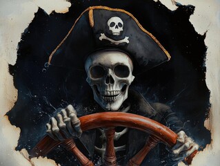 A menacing skeleton pirate grips the steering wheel, showcasing a dark and adventurous theme perfect for spooky settings.