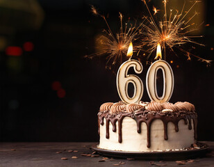 Birthday cake with 60 years birthday candle with sparks on dark background with copy space	