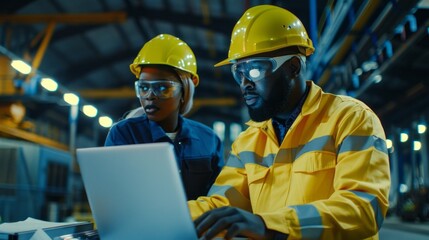 Two professionals in safety gear collaborate intently on a laptop, surrounded by evening warehouse lighting and heavy machinery, showcasing innovation in action