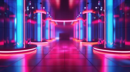 A vibrant corridor illuminated with neon lights, creating a futuristic and energetic atmosphere. Perfect for modern design themes.