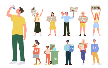 Obraz premium People eco activists with placard participating in strike, sorting waste, using eco-friendly product