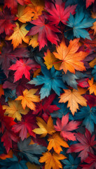 Colorful autumn leaves in a vibrant pattern, top view with copy space
