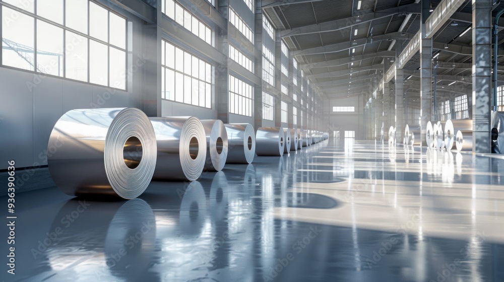 Poster within a spacious and well-lit industrial setting, gleaming rolls of glossy material are neatly line