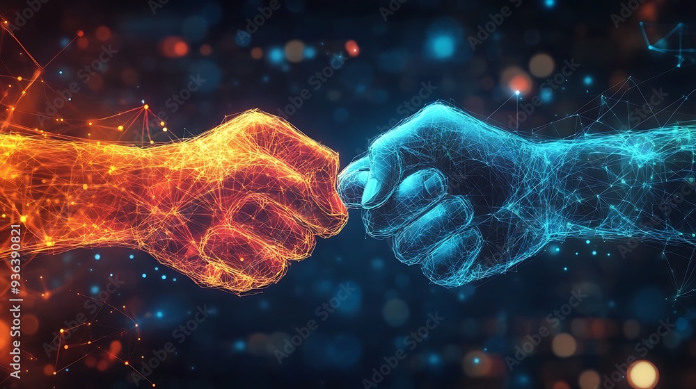 Poster two intertwined digital hands in a networked connection