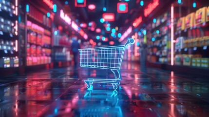 A glowing shopping cart in a vibrant grocery aisle, illuminated by colorful neon lights and reflecting on a shiny floor.
