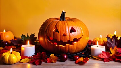  a festive Halloween scene. In the center, there is a carved pumpkin with a classic jack-o'-lantern face, featuring triangle eyes and a wide, toothy grin