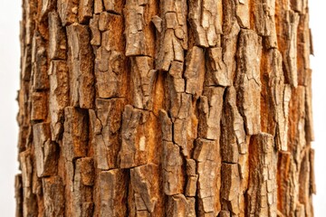 Obraz premium Close-up of natural brown bark pieces from a tree, isolated on a clean white background, showcasing the unique textures and patterns in a vertical composition.
