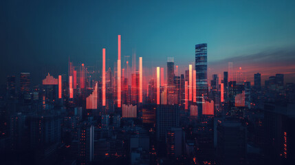 Fototapeta premium Futuristic city skyline with giant digital screens showing tax cuts and increased public spending, fiscal effects, economic stimulus