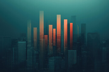 Abstract city landscape growing from money supply charts and interest rate adjustments, monetary growth, policydriven economy