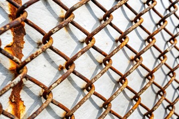 Fototapeta premium Close-up of torn and weathered metal mesh fence with rusty holes and frayed edges contrasting against a clean white background, showcasing industrial texture.