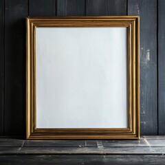 Elegant gold frame, large and empty, mounted on a white wall, contrasting with an aged dark wooden surface and a mid-tone dark wall, perfect for showcasing art or decor.