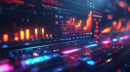 Fototapeta premium Abstract digital interface with colorful data visualizations and graphs, ideal for technology and finance concepts.
