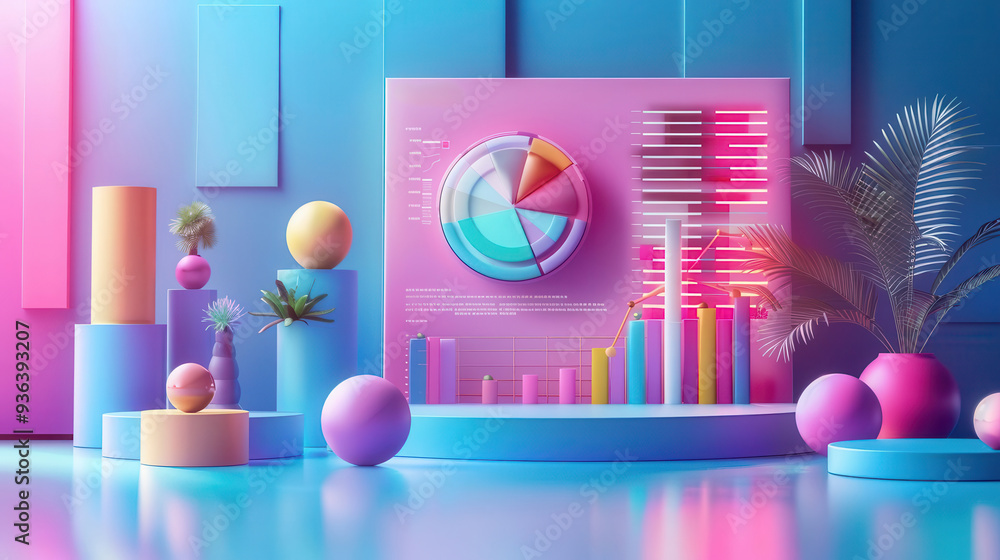 Poster vibrant abstract composition featuring colorful graphs and geometric shapes in a modern digital envi