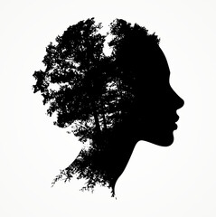 Silhouette vector of a woman’s profile blended with trees, symbolizing harmony between nature and humanity