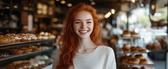 A stunning redhead exudes joy as she stands in a lively bakery, surrounded by an array of delicious desserts. The warm atmosphere enhances her captivating smile, making it an inviting scene.