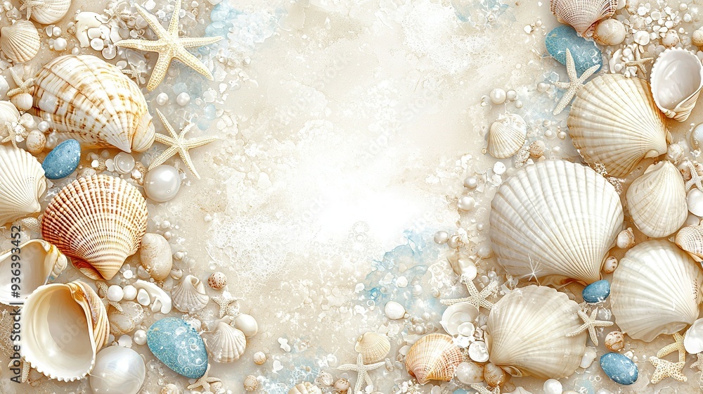 Poster a group of seashells and starfish on a sandy beach with space for text in between