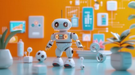 Obraz premium Charming robot standing in a colorful environment with plants and gadgets, symbolizing technology and creativity.