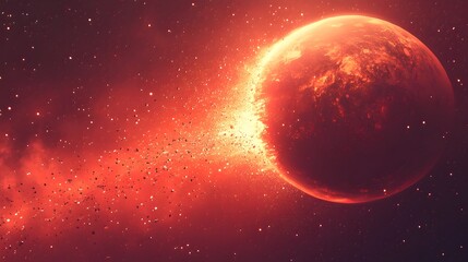 Obraz premium Magnetic Field Collapse Bombarding a Planet's Surface in Red