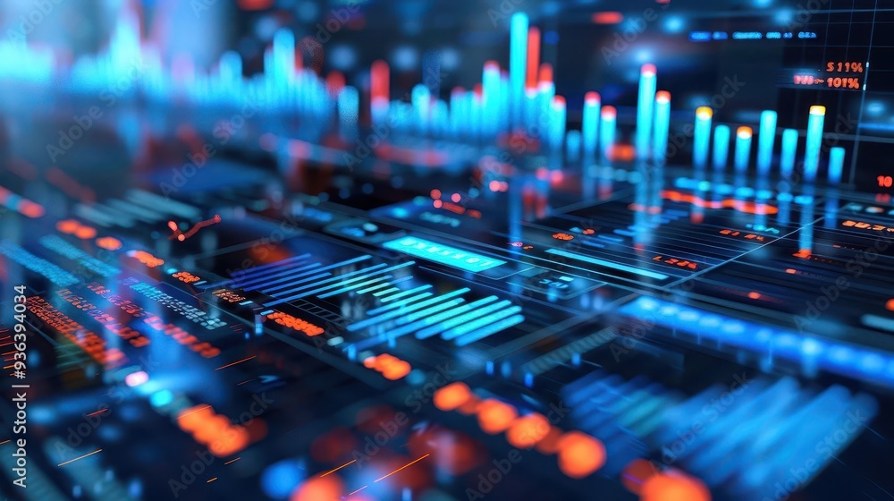Poster abstract digital data visualization with vibrant graphs and glowing lines, perfect for technology an