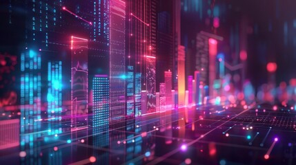 Obraz premium Futuristic city skyline illuminated by vibrant neon lights, showcasing advanced technology and digital innovation in urban landscapes.