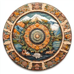 Fototapeta premium Nature Embrace Mandala, a serene design featuring mountains, rivers, and animals, showcasing the tranquil beauty of the Tibetan landscape in soft pastels and earth tones.