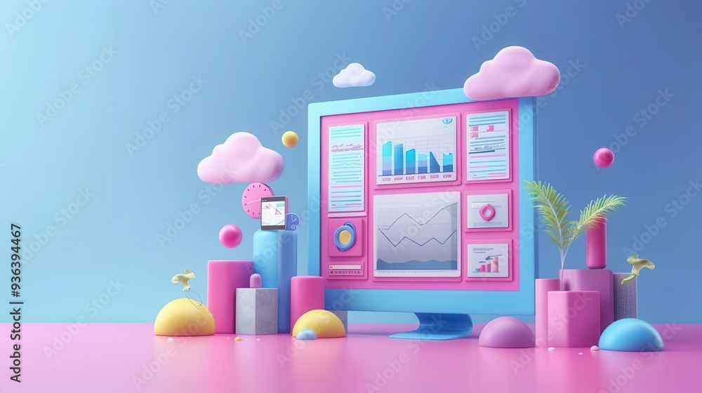 Poster colorful digital dashboard display with graphics, charts, and playful elements in a creative, modern