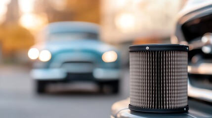 A close-up of an air filter with a classic car blurred in the background, highlighting automotive details and craftsmanship.