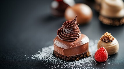 A delectable chocolate dessert garnished with cream, raspberry, and decorative elements, perfect for indulgence.
