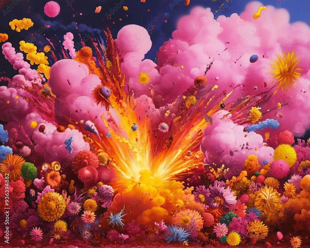 Aufkleber a vibrant explosion of colors and shapes, blending surreal elements with a dynamic energy that capti