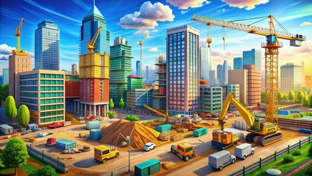 Colorful 3D illustration of a bustling construction site with cranes, excavators, and buildings in various stages of development amidst a cityscape background.