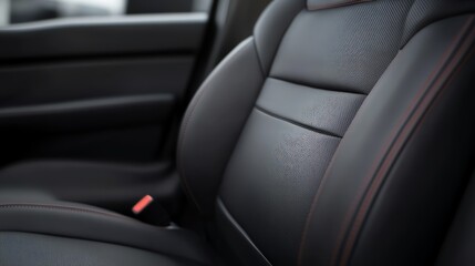Close-up of a modern car seat featuring sleek black leather and detailed stitching, showcasing comfort and luxury.