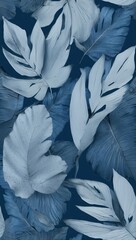 Decorative arrangement of blue tropical leaves on a blue background, with a paper-like texture and overlapping for added depth
