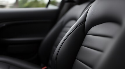 Close-up view of sleek black leather car seat, showcasing modern design and comfort with a focus on quality craftsmanship.