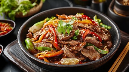Fototapeta premium A vibrant dish of stir-fried beef with colorful vegetables, garnished with herbs, served in a bowl.