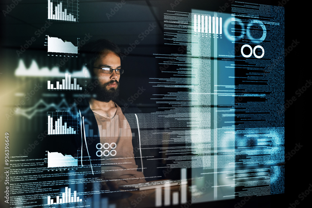 Poster Man, overlay and programming with coding, software and analysis for cybersecurity and ecommerce development. Male person, programmer and information technology during night for cloud computing data