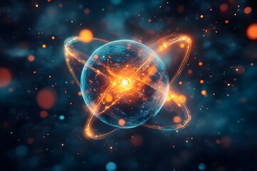 Atomic Model with Glowing Energy Paths and Vibrant Neon Colors